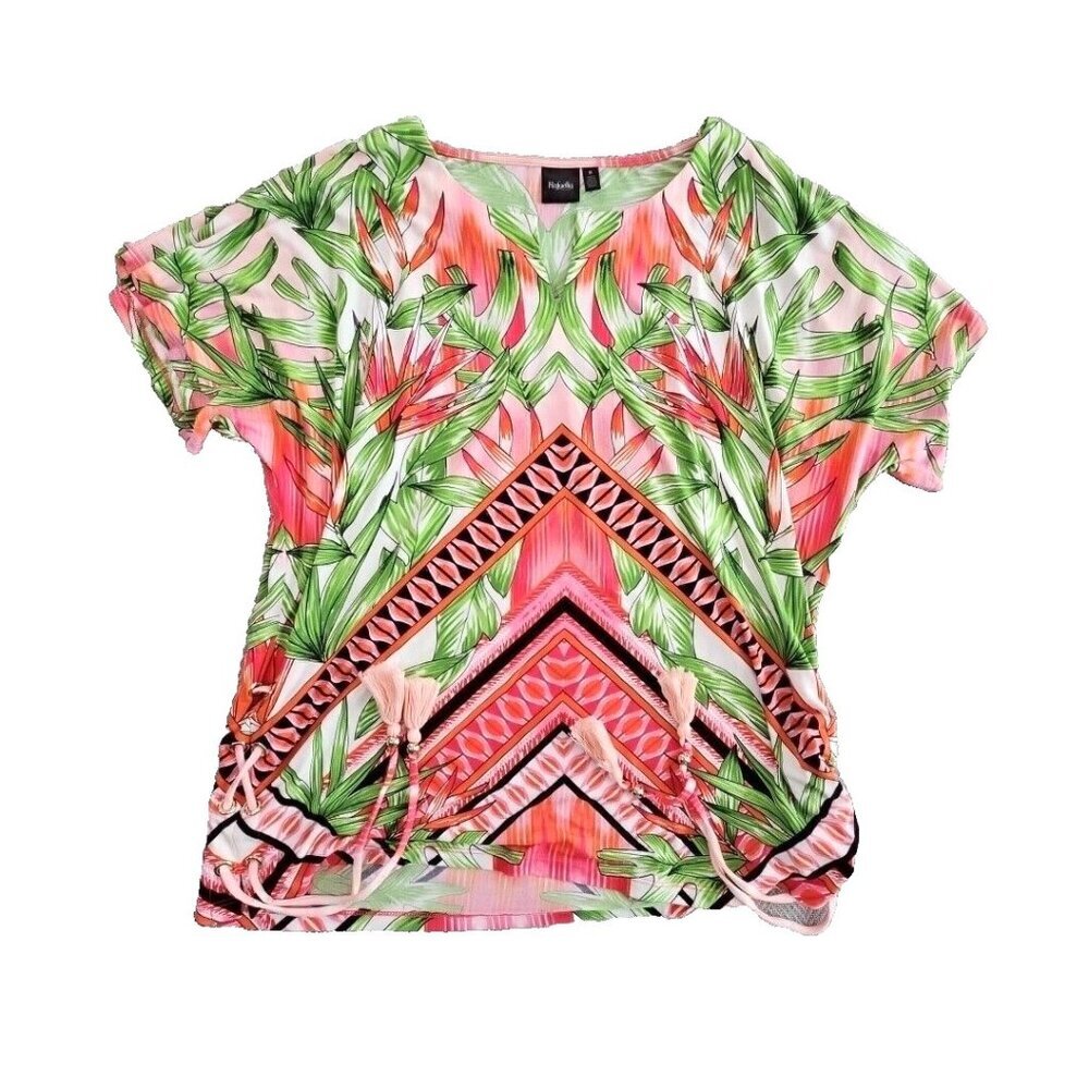 Rafaella Women's Size Medium Multicolor Leaf Blouse Top V-Neck Tassel Sides EUC‎